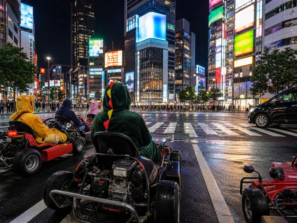 A street kart convoy in full costume crossing Tokyo Bay.