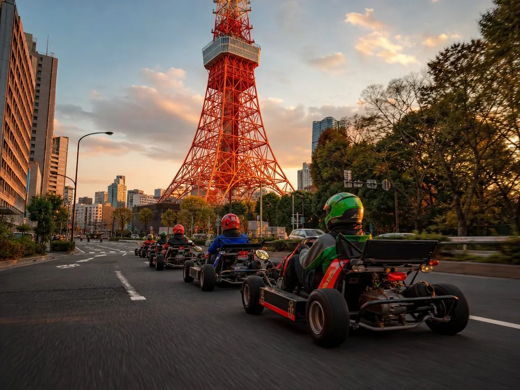 A fleet of go-karts lined up at the Street Kart Tokyo Bay warehouse.