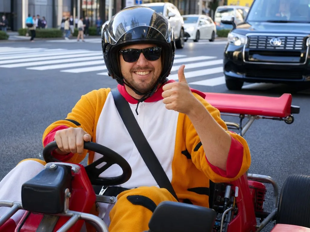 Thumbs up at a Tokyo stoplight — helmet, onesie, camera-ready.